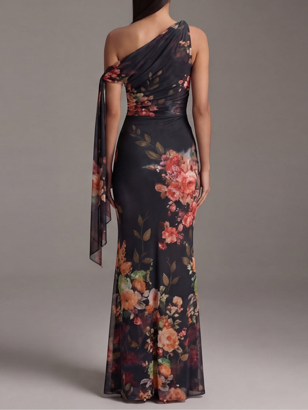 Vestido Maxi Plisado Negro de Un Hombro