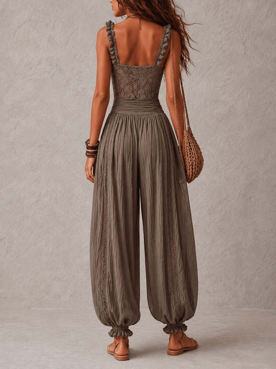 Nieves - Conjunto de bandeau de encaje gris y pantalones harem de algodón plisados