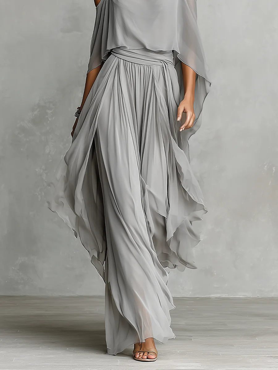 Isabella | Top Gris Fluido y Conjunto de Pantalones de Chifón