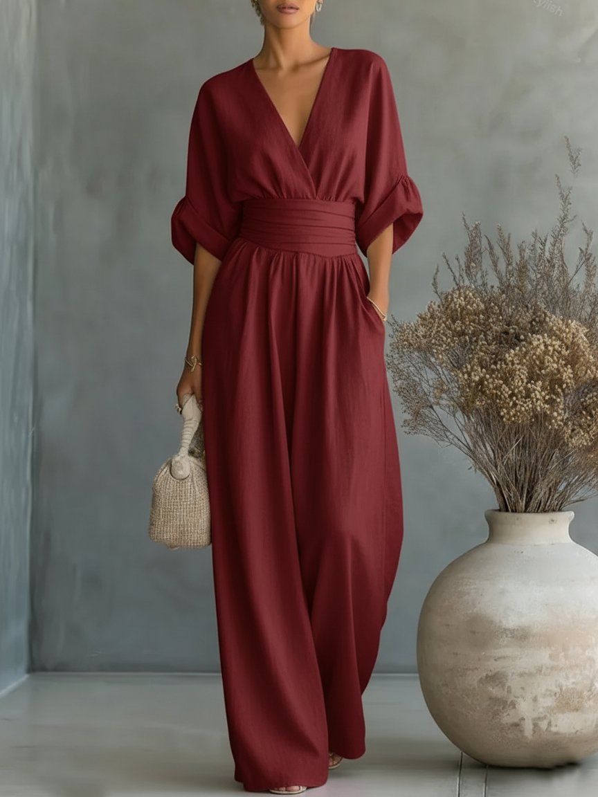 Jumpsuit Elegante de Cuello en V y Cintura Alta