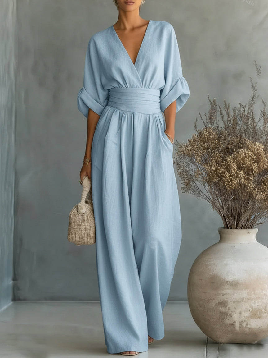 Jumpsuit Elegante de Cuello en V y Cintura Alta