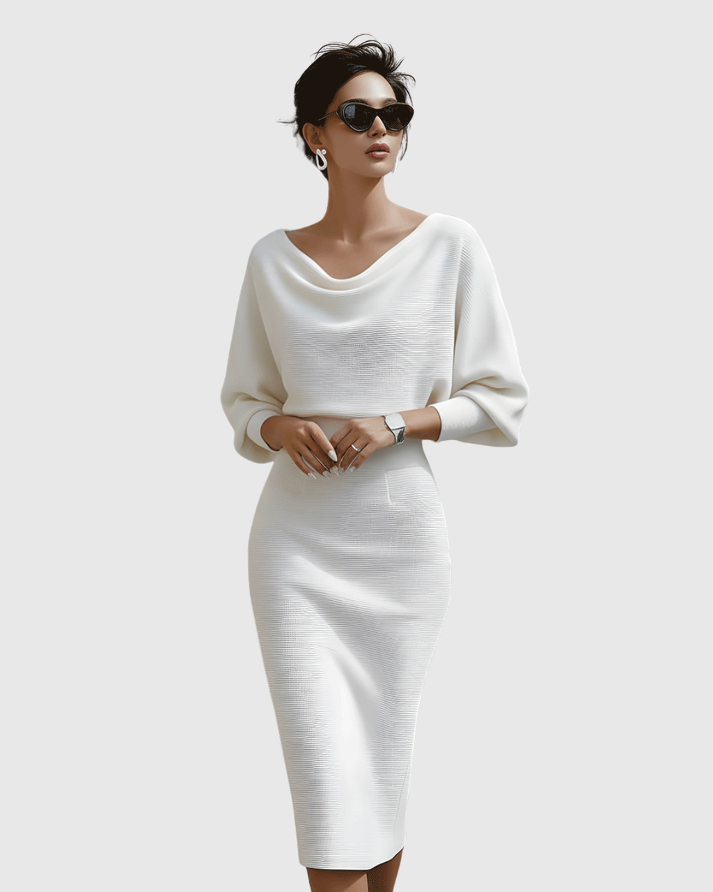 Ismeria - Vestido midi drapeado con manga murciélago