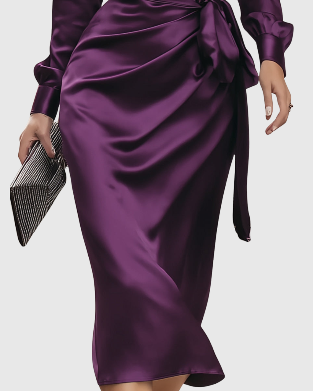 Cerelia - Vestido midi cruzado de satén color ciruela