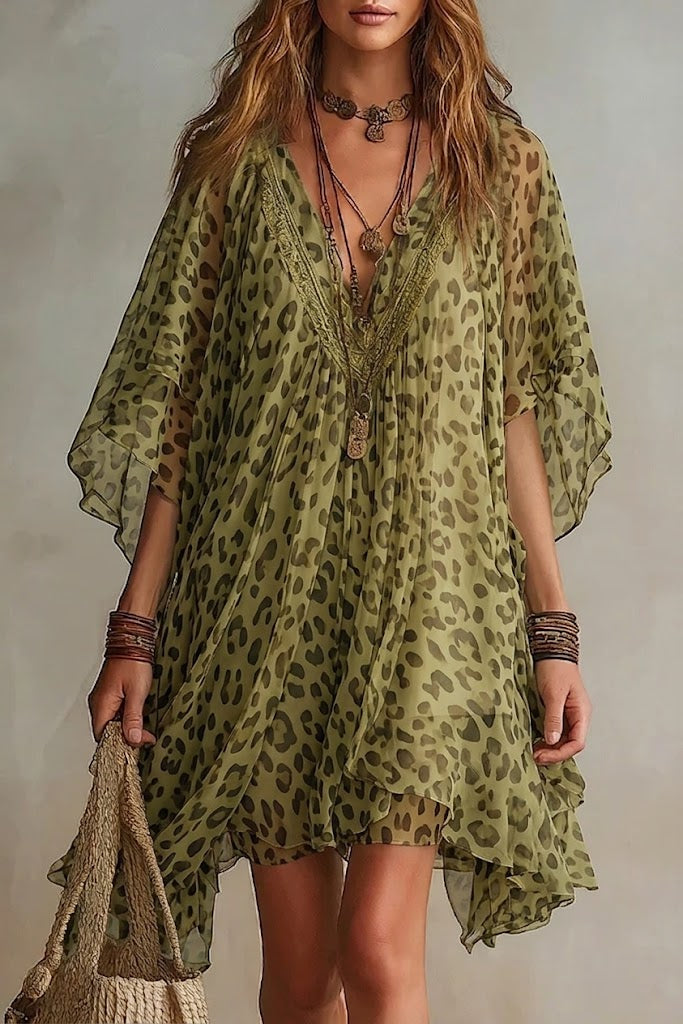Bianca - Vestido de chiffon con estampado de leopardo, de corte amplio y fluido, escote en V