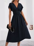 Lucyndra - Vestido midi con escote en V y cintura plisada