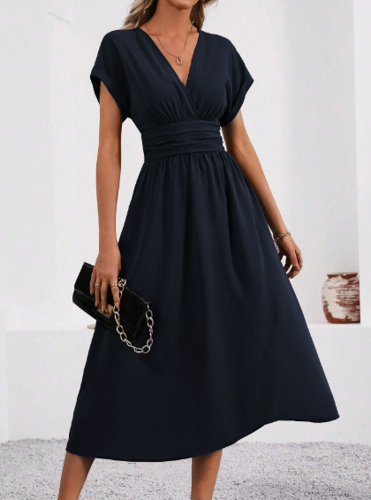 Lucyndra - Vestido midi con escote en V y cintura plisada
