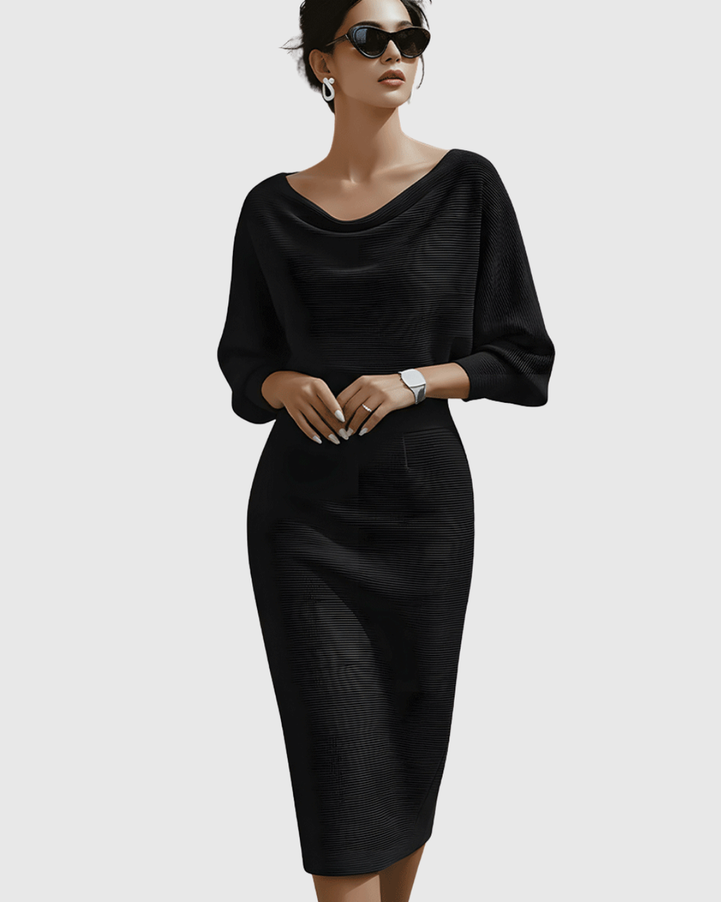 Ismeria - Vestido midi drapeado con manga murciélago