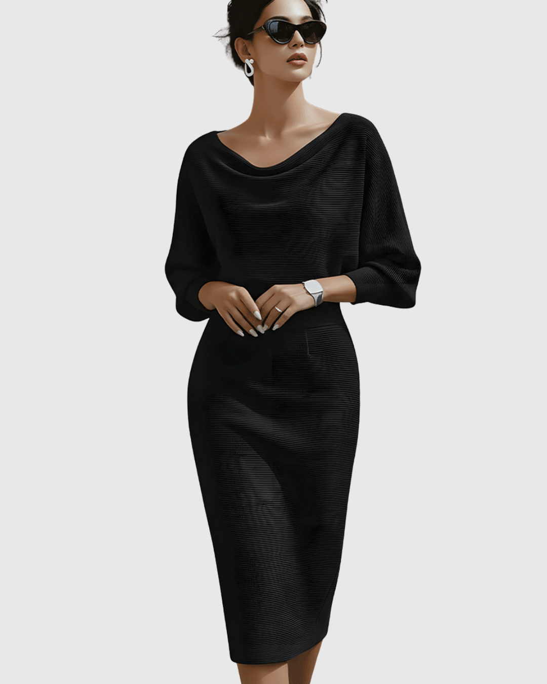 Ismeria - Vestido midi drapeado con manga murciélago