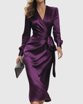 Cerelia - Vestido midi cruzado de satén color ciruela
