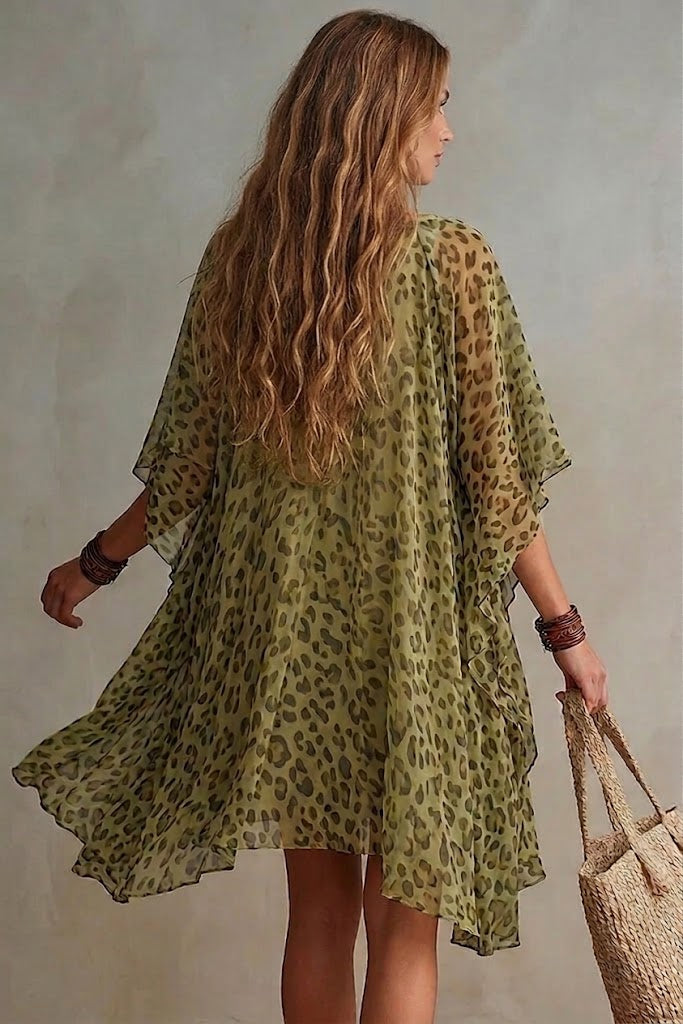 Bianca - Vestido de chiffon con estampado de leopardo, de corte amplio y fluido, escote en V