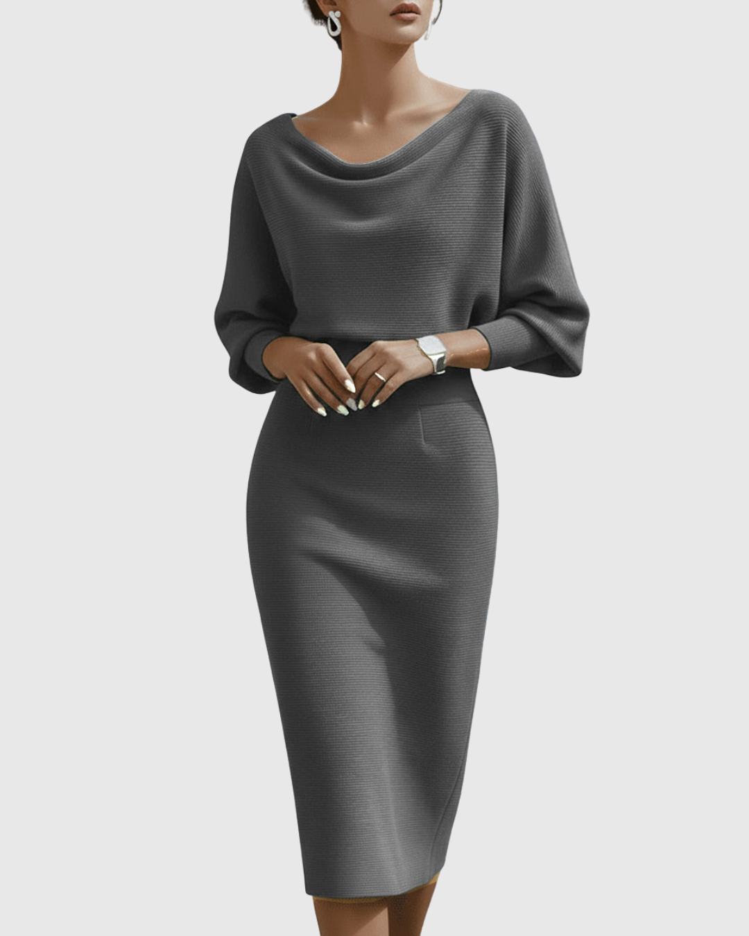 Ismeria - Vestido midi drapeado con manga murciélago