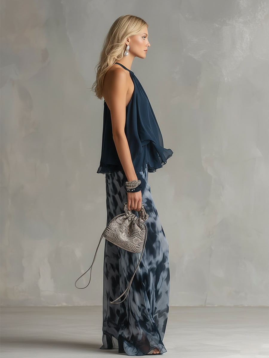 Ludovica – Conjunto elegante de chiffon con top de cuello alto y pantalones anchos impresos
