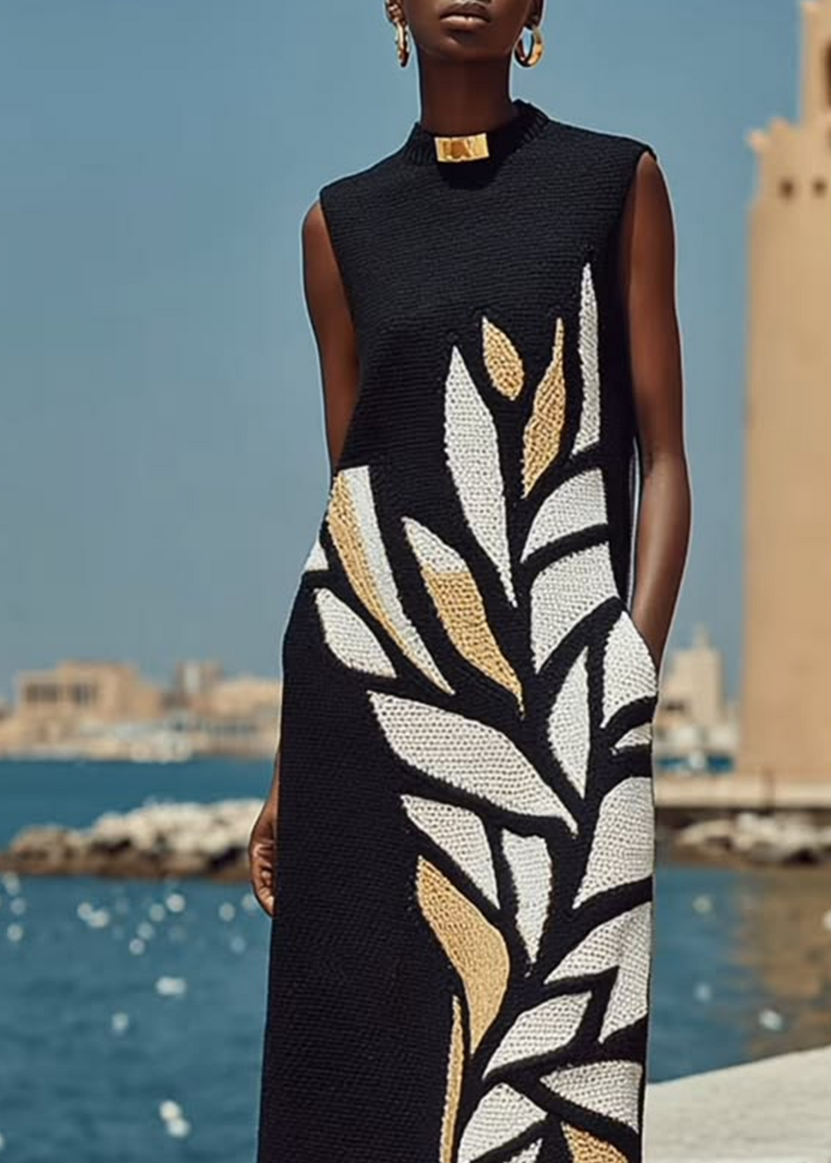 Vestido Midi Negro Sin Mangas Estampado Largo