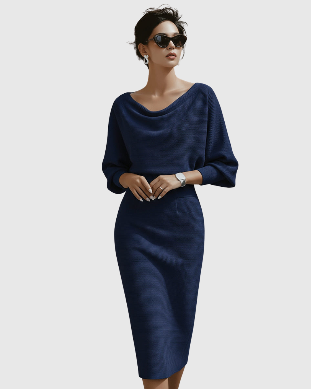 Ismeria - Vestido midi drapeado con manga murciélago