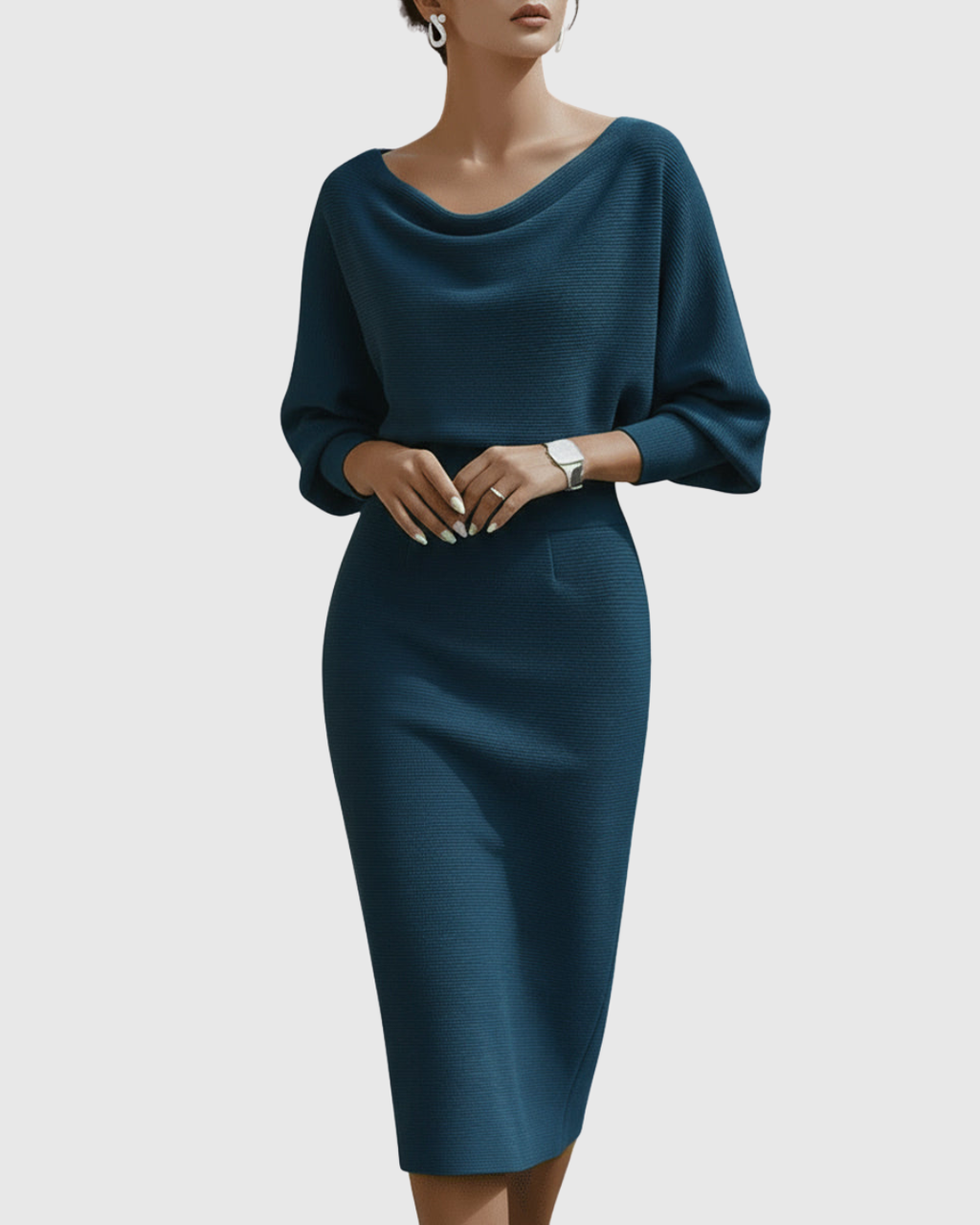 Ismeria - Vestido midi drapeado con manga murciélago