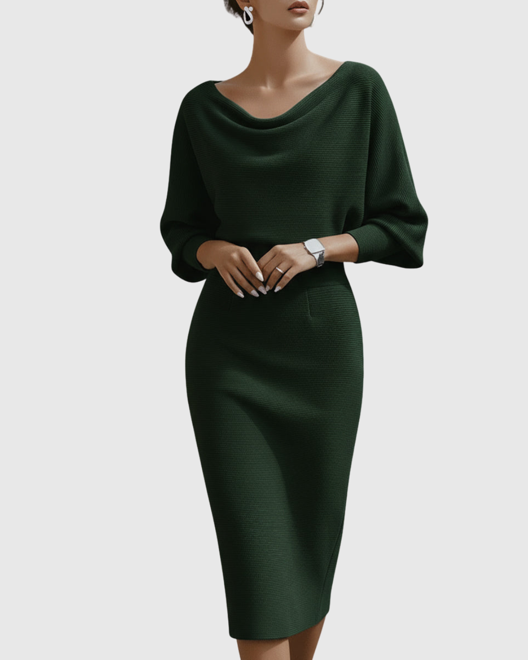 Ismeria - Vestido midi drapeado con manga murciélago