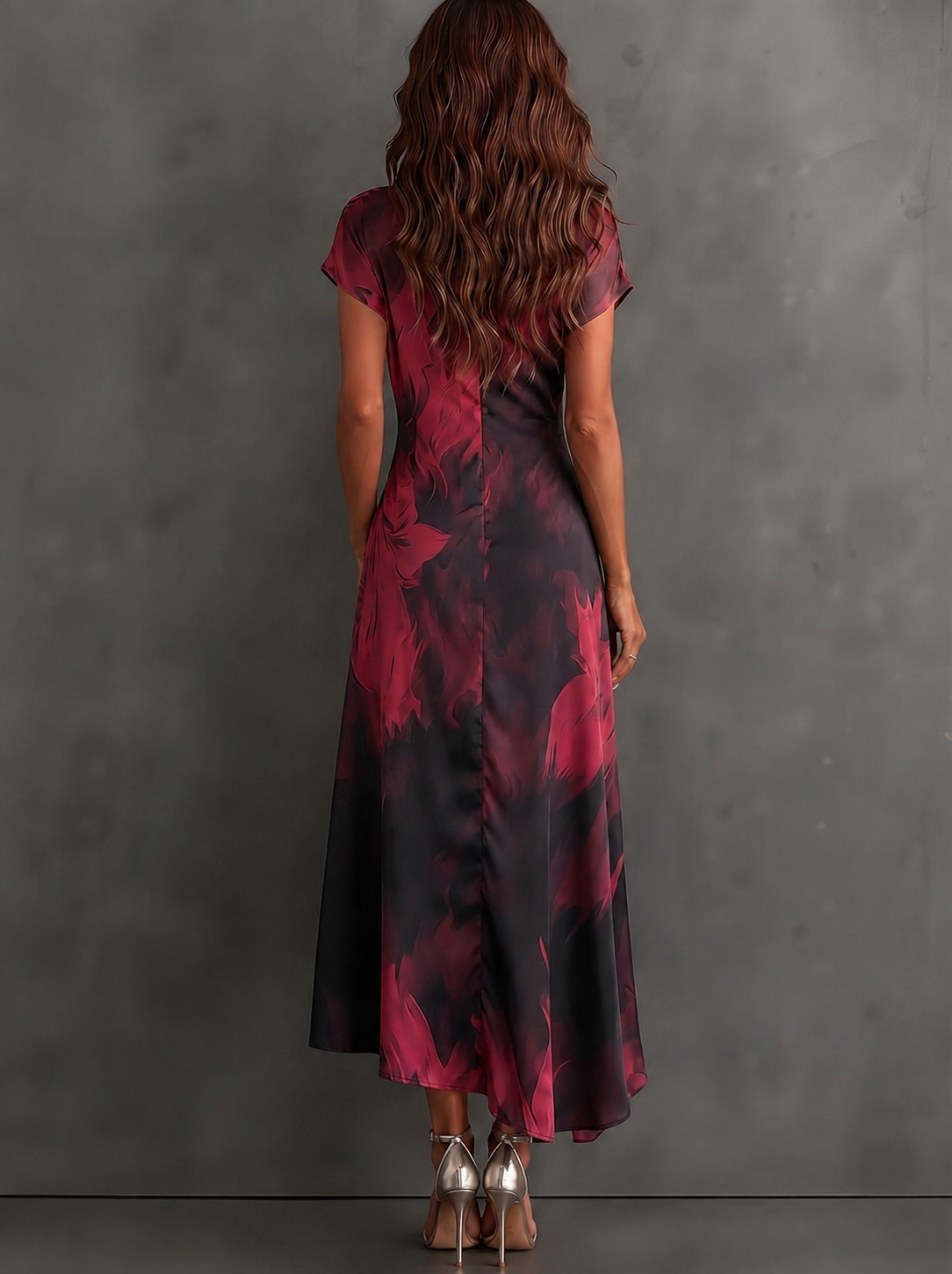 Ariadna - Vestido midi cruzado con estampado abstracto rojo y negro.