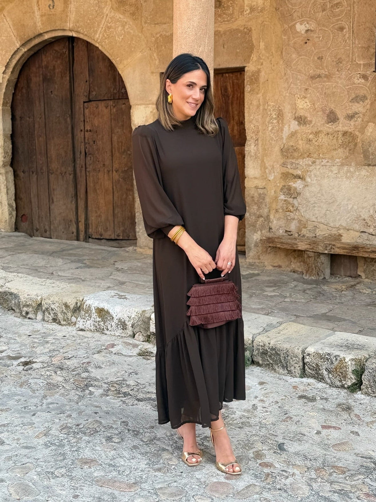 Andrea | Vestido Gasa Liso Marrón