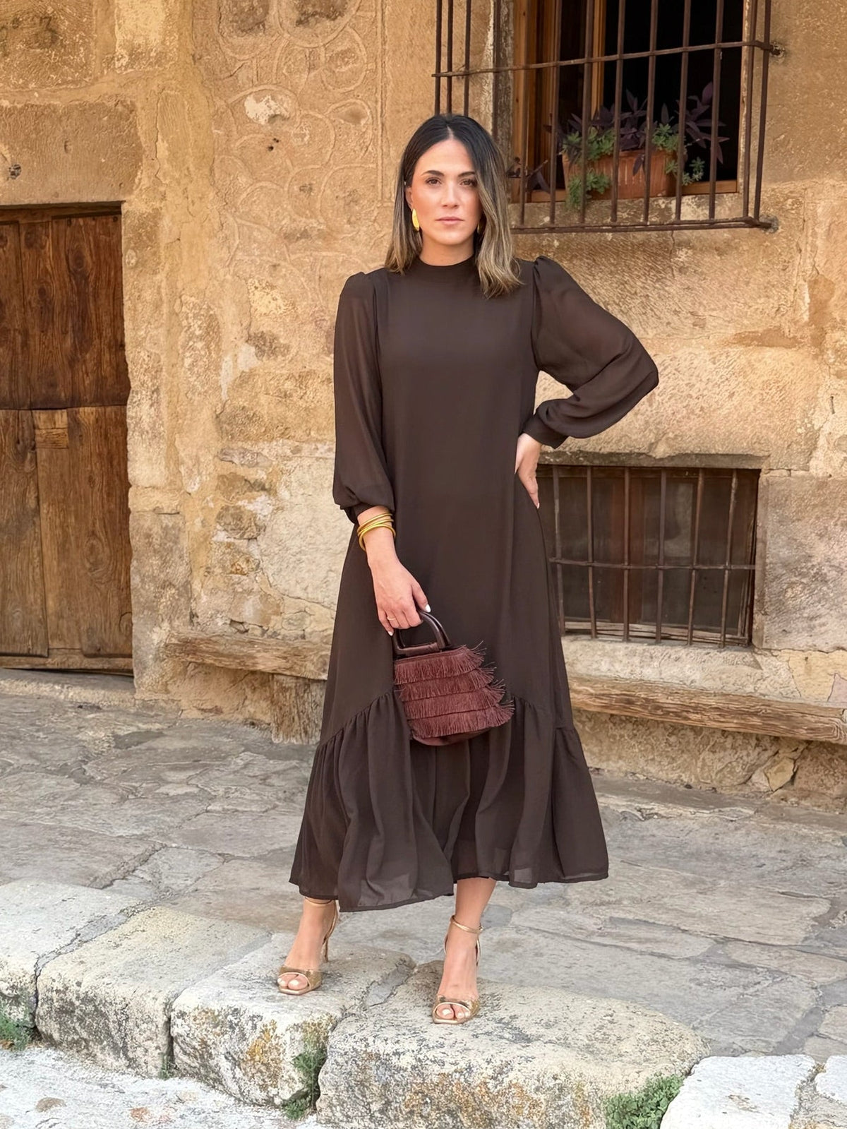 Andrea | Vestido Gasa Liso Marrón