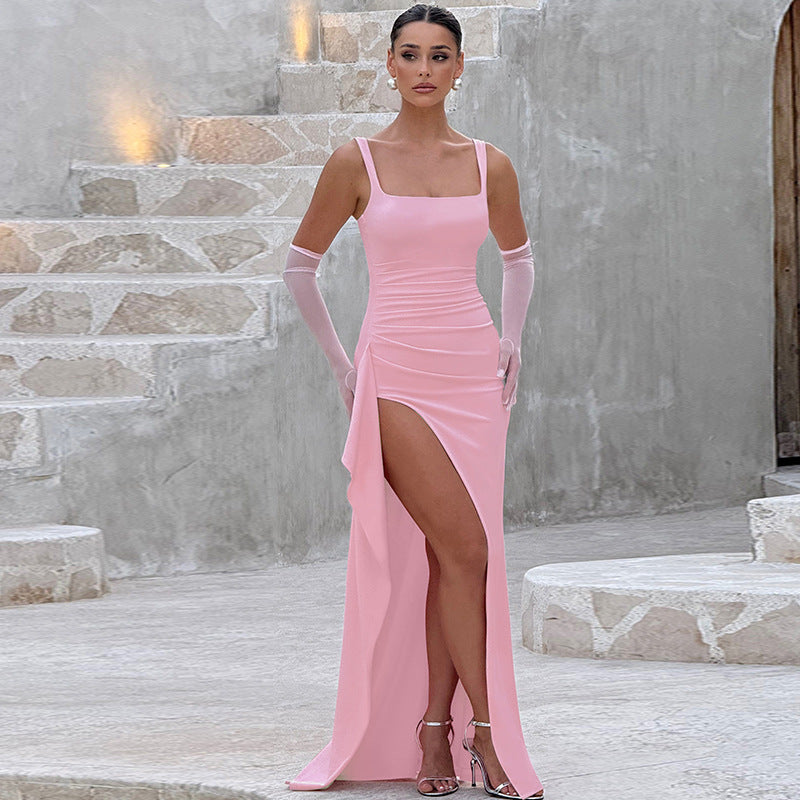 Marilyn - Vestido largo lencero de fiesta con espalda descubierta