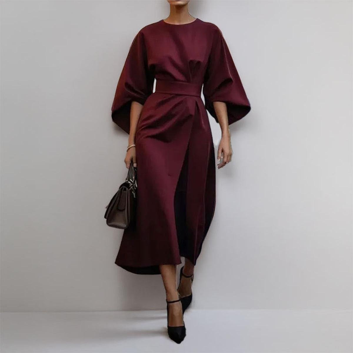 Eldra - Vestido largo satinado con manga murciélago
