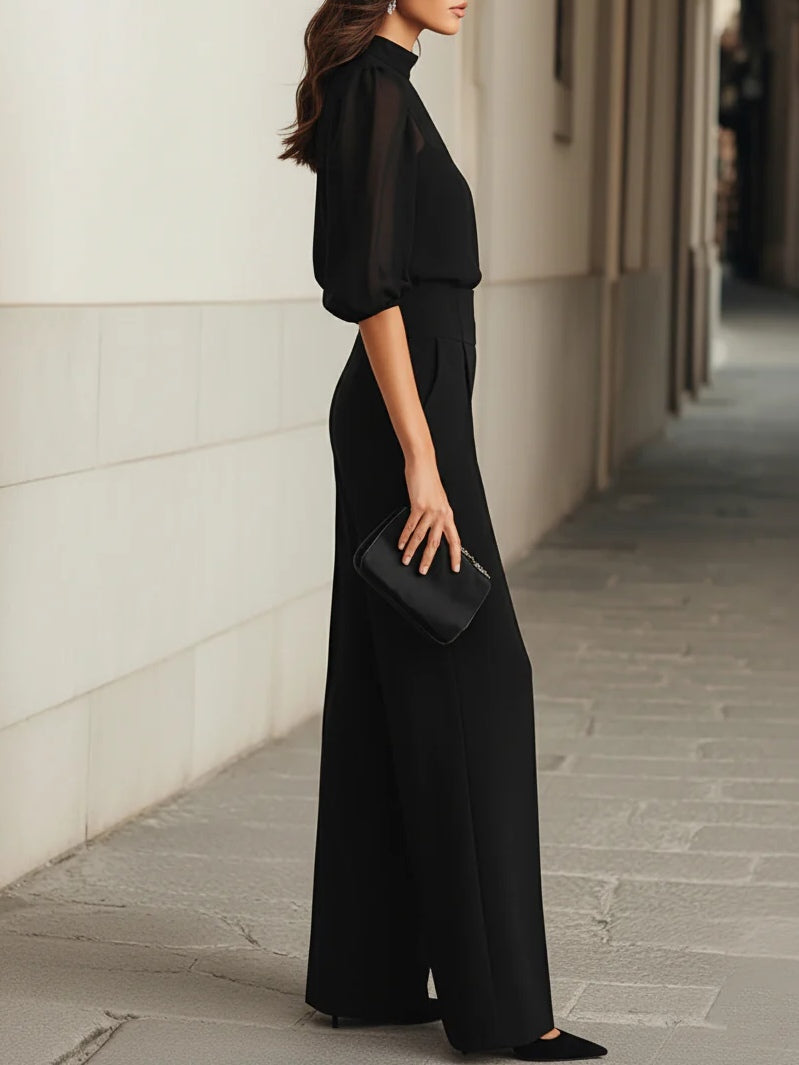 Valentina • Conjunto de tres piezas negro con top de camisón transparente y pantalones de pierna ancha