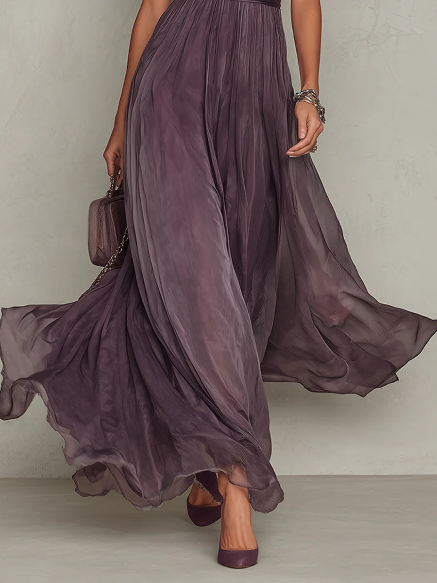 Vestido Maxi de Chifón con Cuello Abierto Violeta
