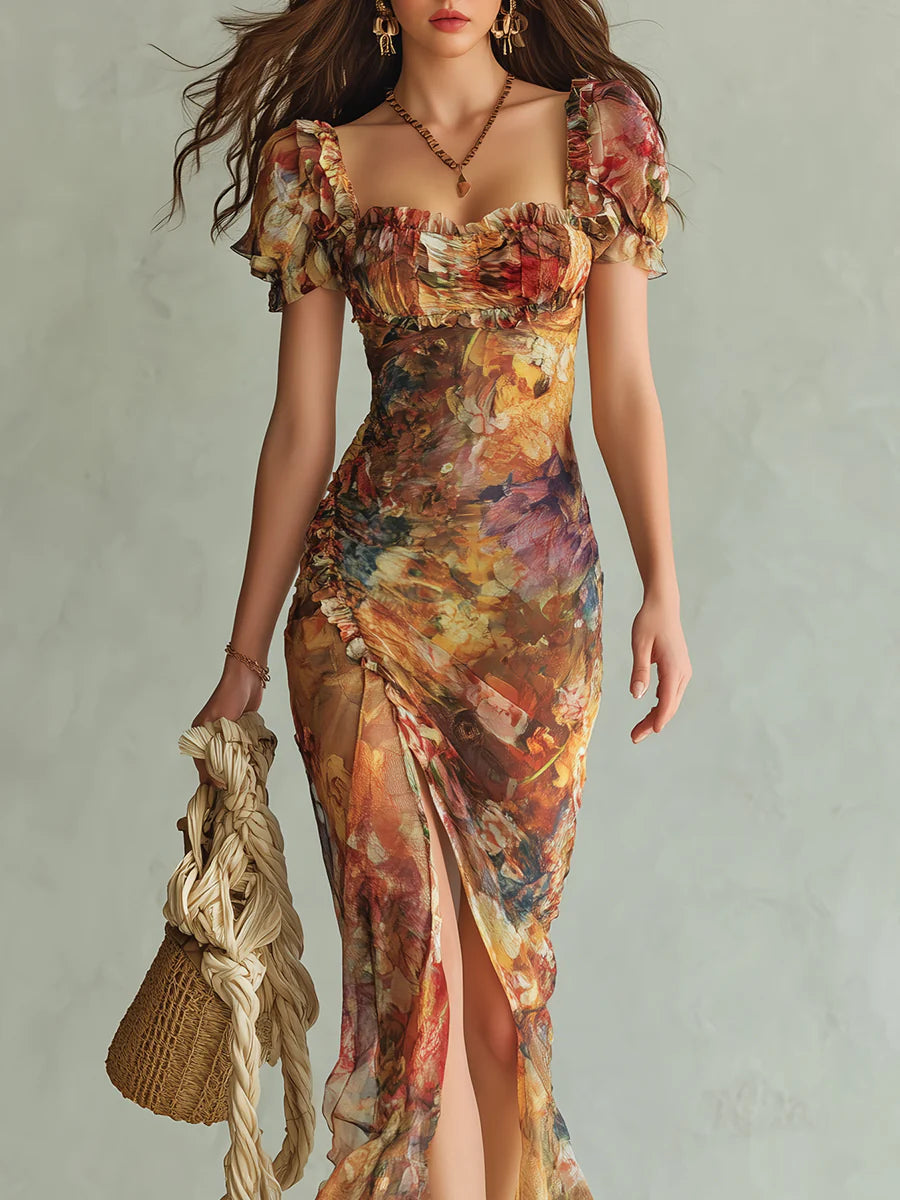 Vestido Maxi en Chiffon Naranja Estampado al Óleo