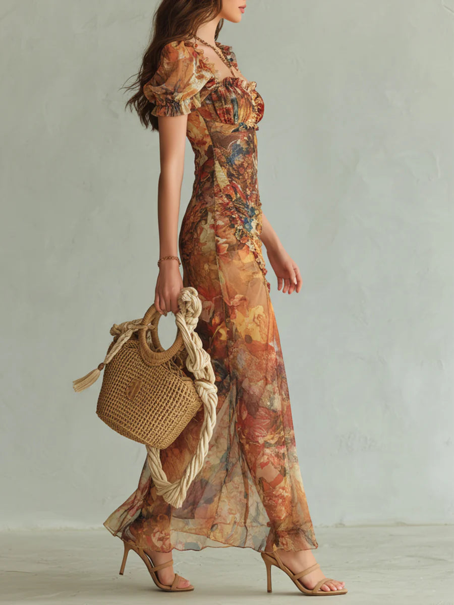 Vestido Maxi en Chiffon Naranja Estampado al Óleo