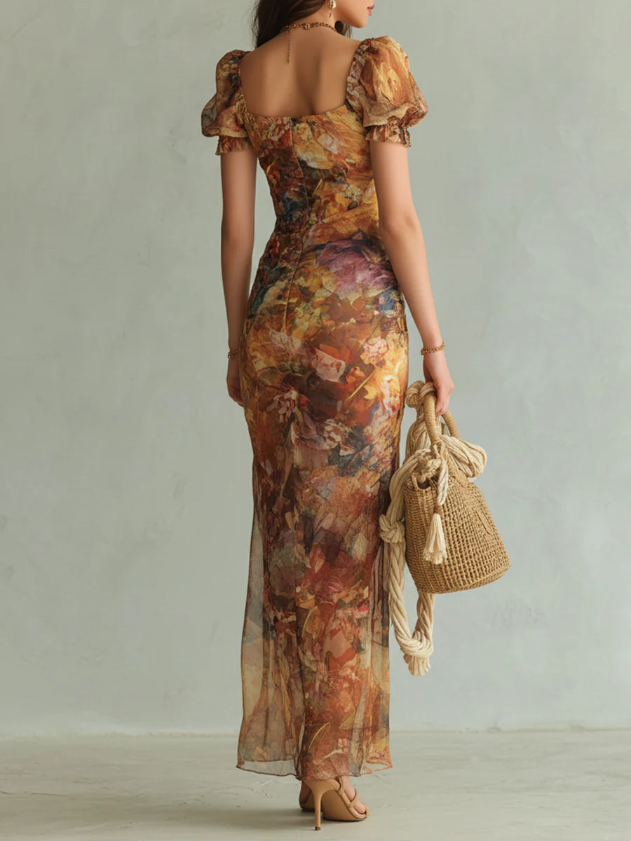 Vestido Maxi en Chiffon Naranja Estampado al Óleo