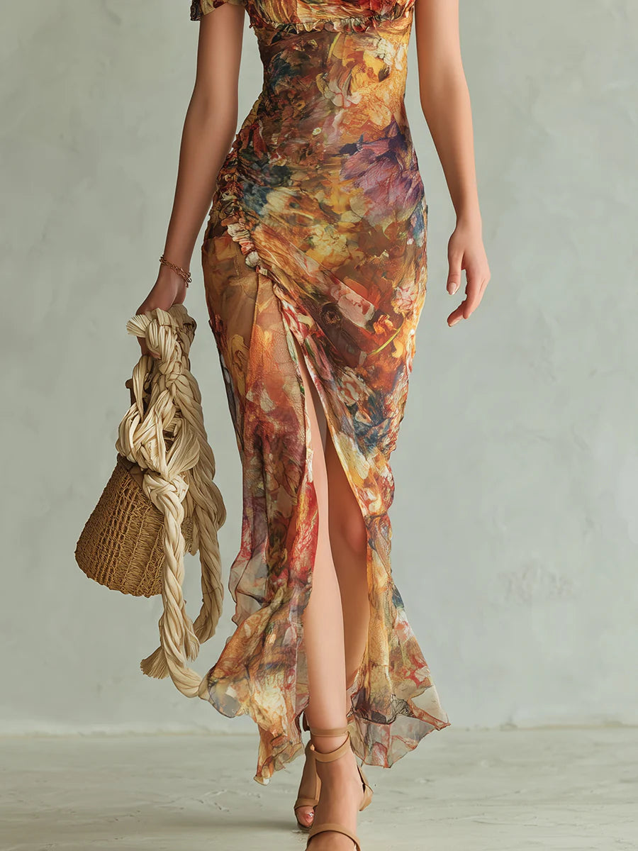 Vestido Maxi en Chiffon Naranja Estampado al Óleo