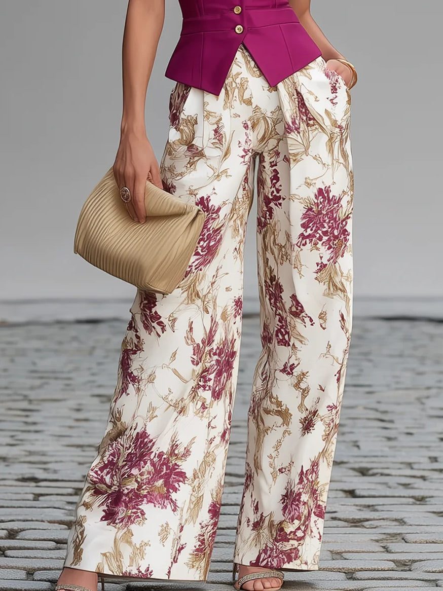 Conjunto Chaleco Rosa y Pantalones Amplios con Flores