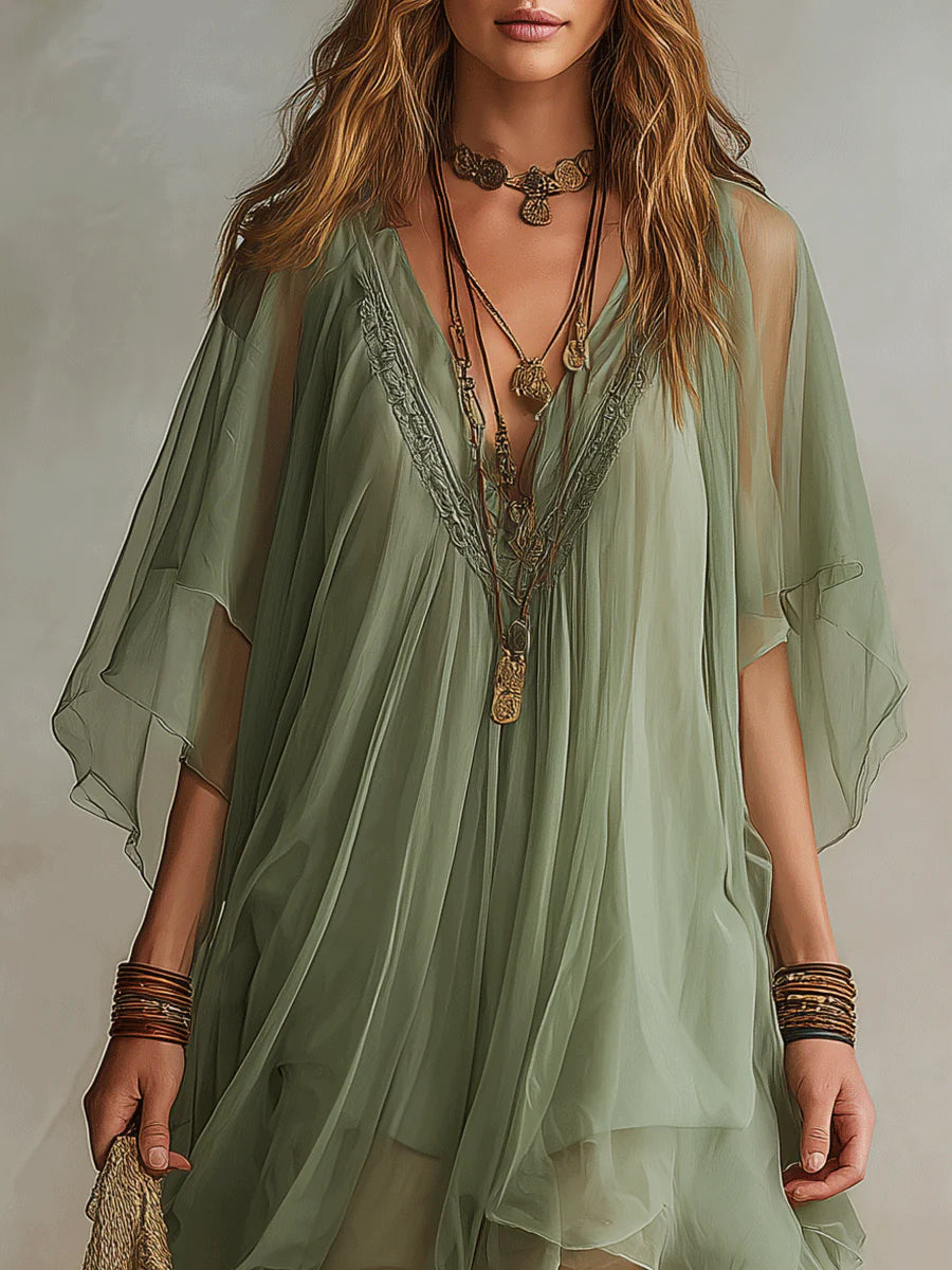 Vestido Mini Flotante en Chiffon Verde con Escote en V