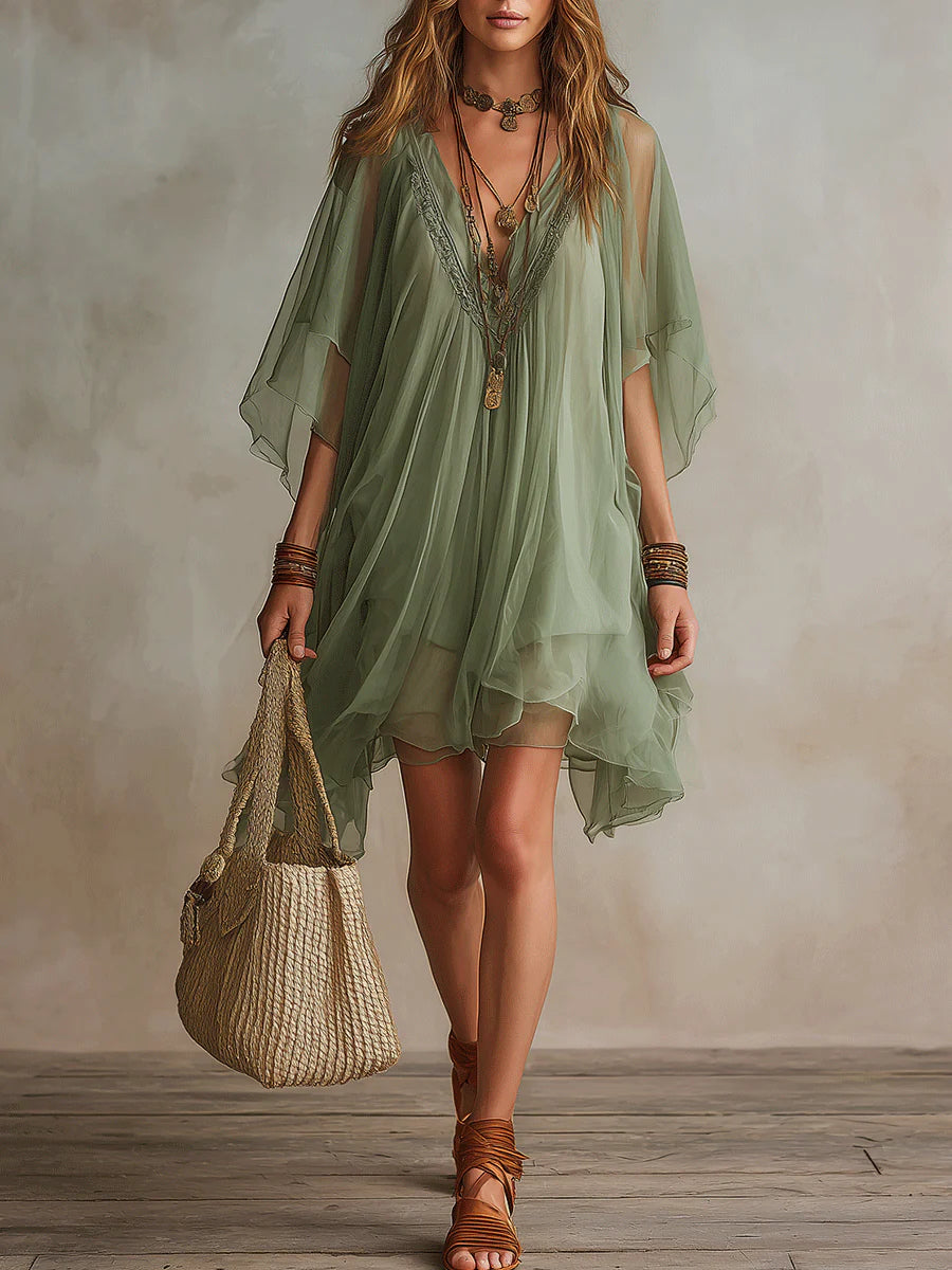 Vestido Mini Flotante en Chiffon Verde con Escote en V