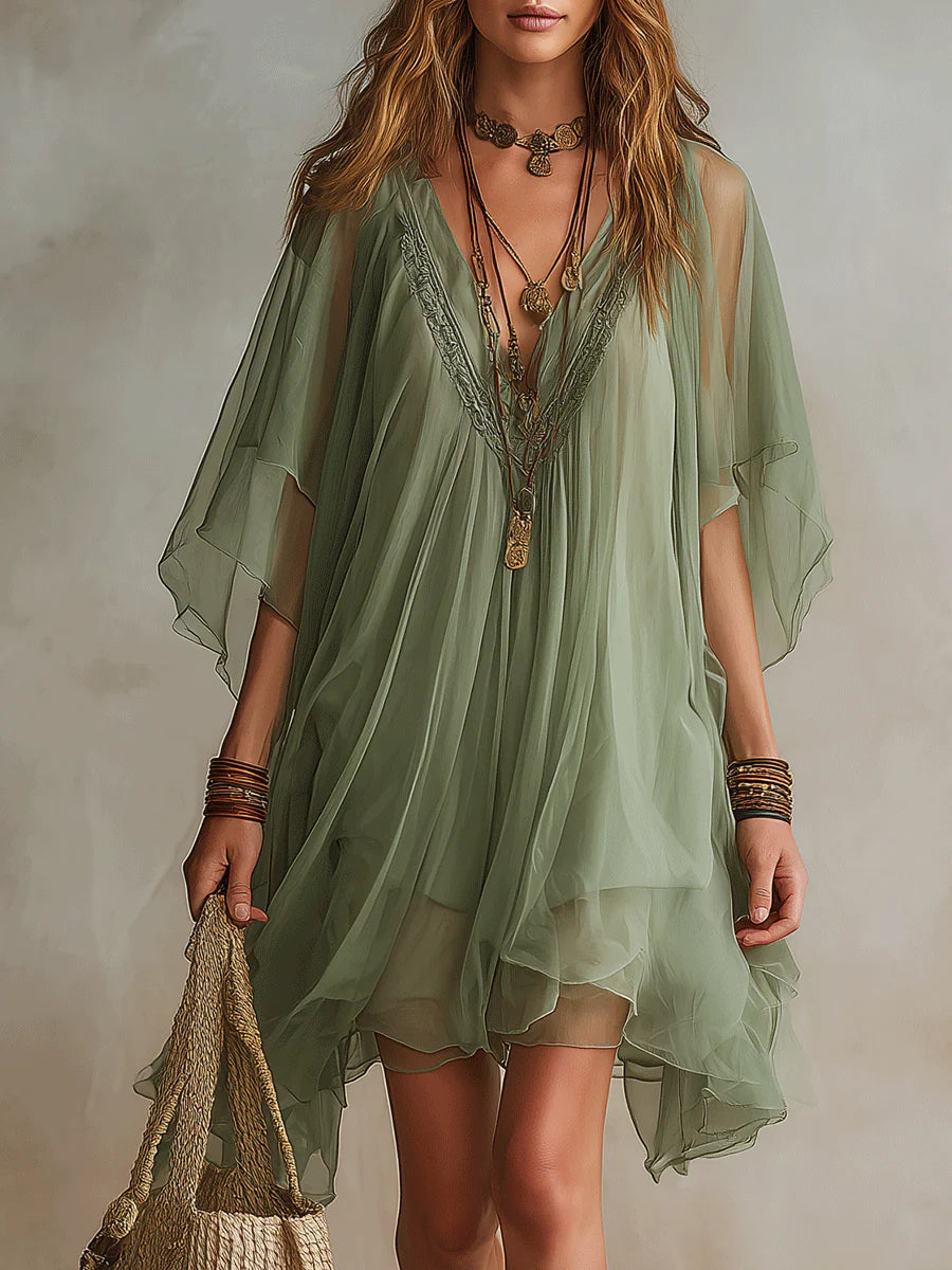 Vestido Mini Flotante en Chiffon Verde con Escote en V