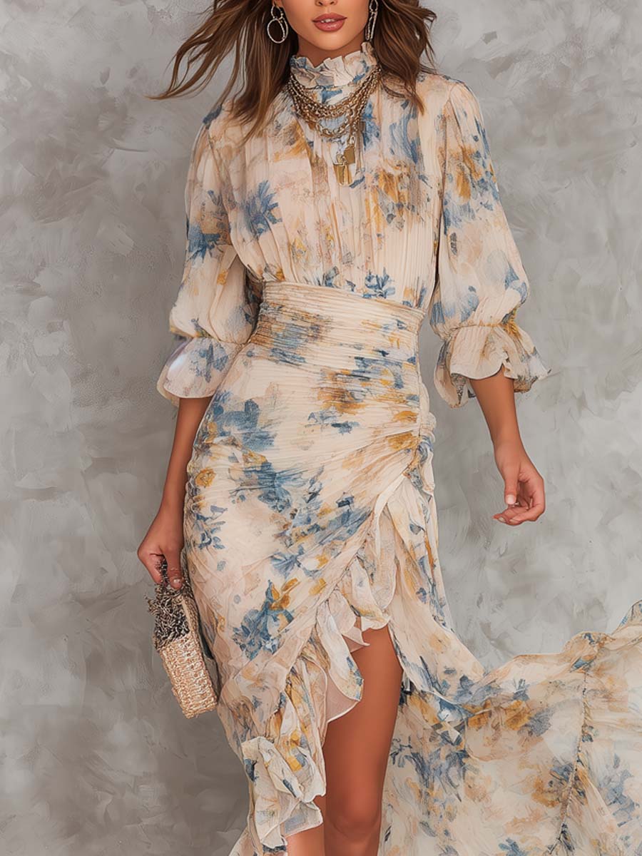 Vestido Maxi en Chiffon Irregular con Estampado Floral
