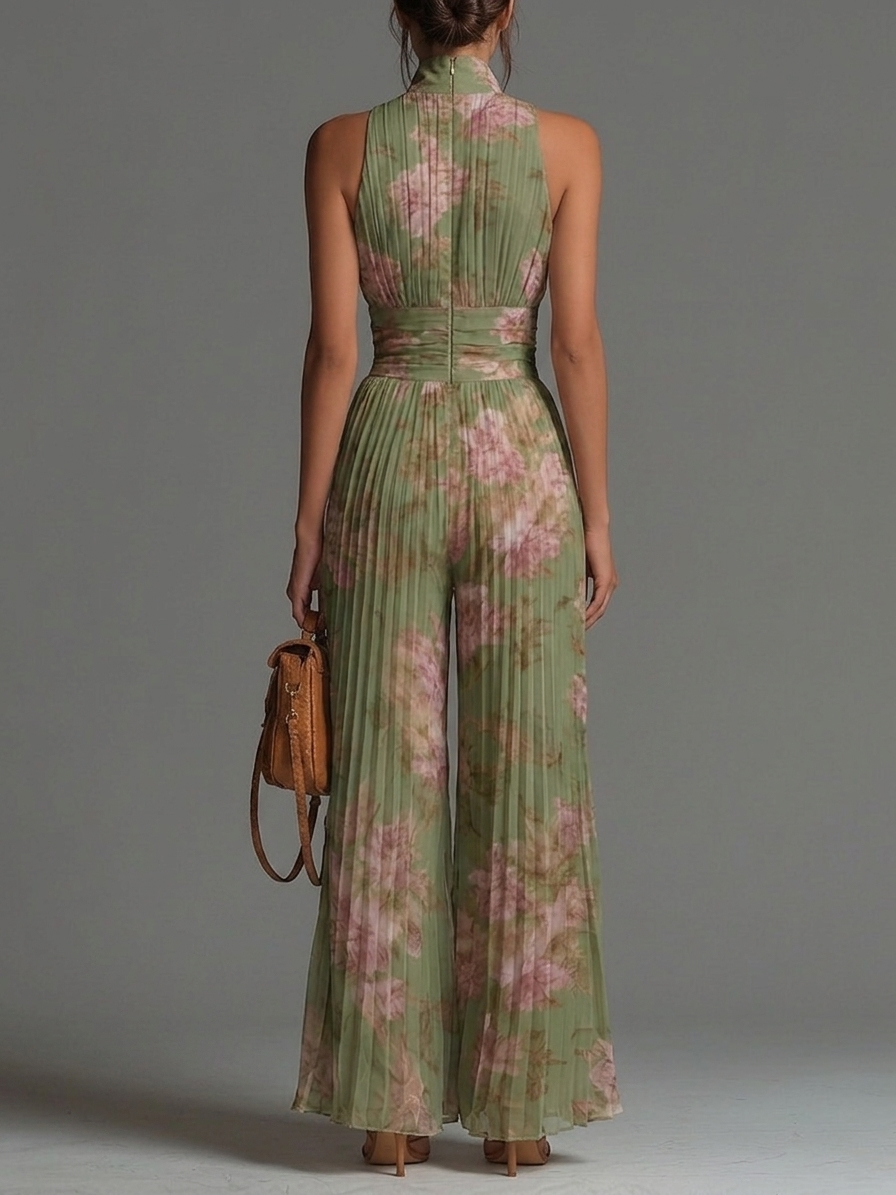 Mono de Chiffon Verde Floral Sin Mangas con Cremallera