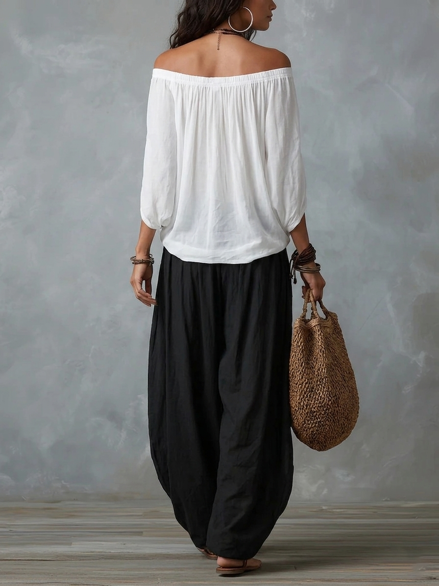 Conjunto Top Blanco Off-Shoulder y Pantalones Anchos