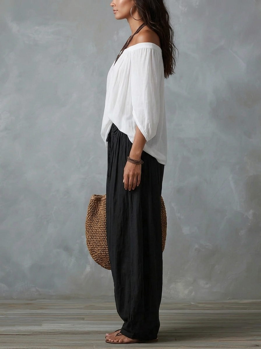 Conjunto Top Blanco Off-Shoulder y Pantalones Anchos