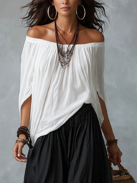 Conjunto Top Blanco Off-Shoulder y Pantalones Anchos