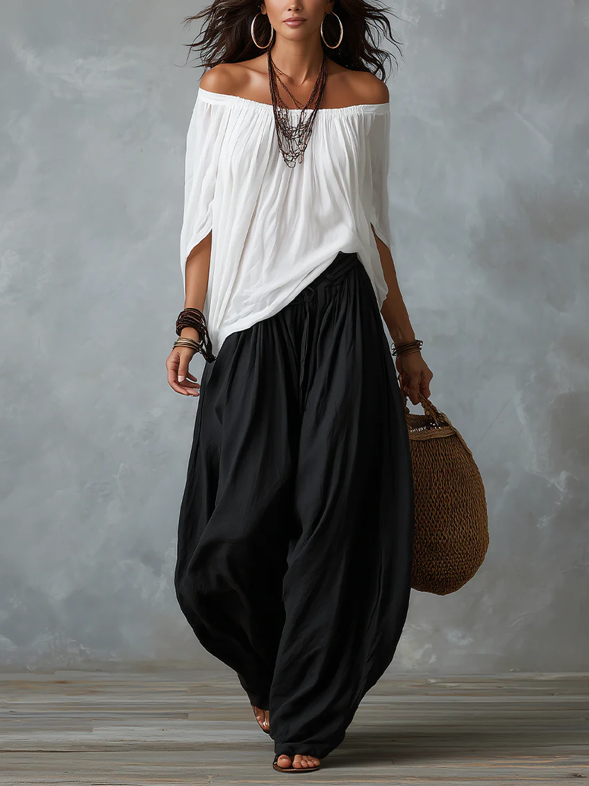 Conjunto Top Blanco Off-Shoulder y Pantalones Anchos