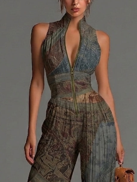 Mono de Chiffon Sin Mangas con Cremallera y Pliegues de Estampado Étnico Bohemio