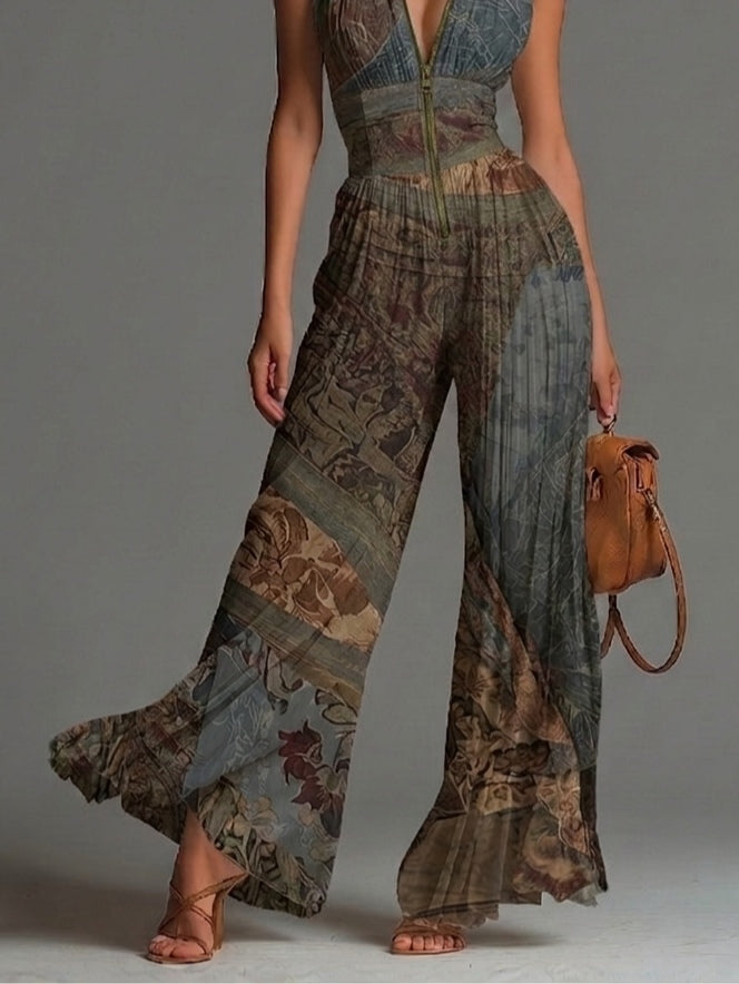 Mono de Chiffon Sin Mangas con Cremallera y Pliegues de Estampado Étnico Bohemio