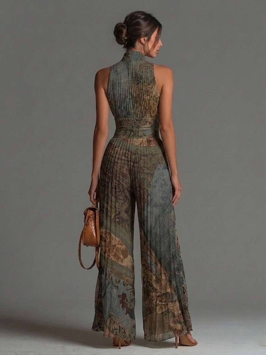 Mono de Chiffon Sin Mangas con Cremallera y Pliegues de Estampado Étnico Bohemio