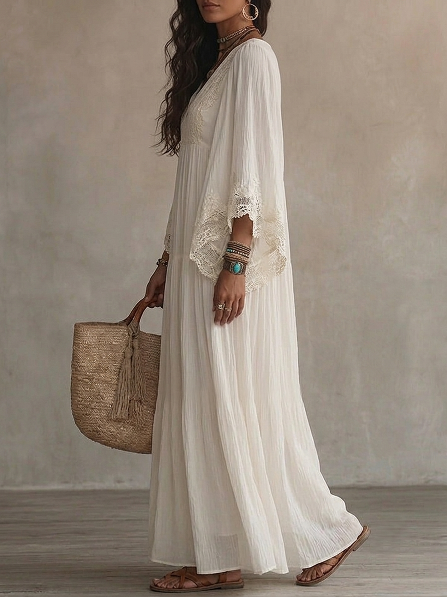Indara - Vestido largo de blanco con escote en V