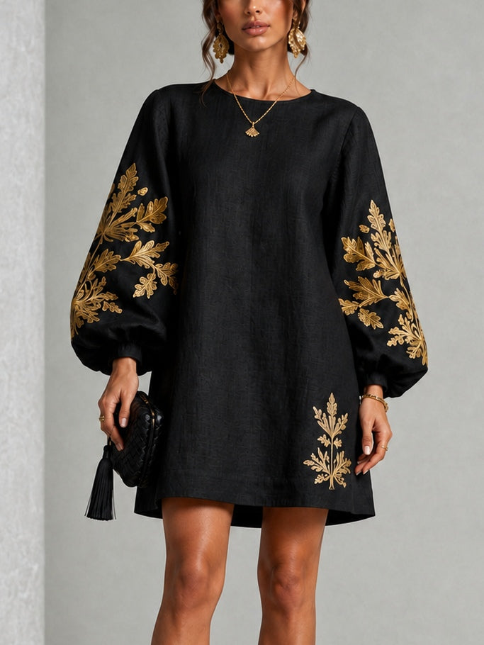 Sofia | Vestido Midi Suelto de Cuello Redondo con Mangas Farol, Negro y Dorado