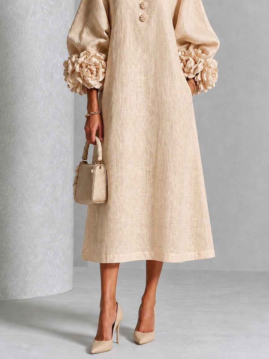 Vestido Midi Beige con Flores, Botones y Mangas Exuberantes