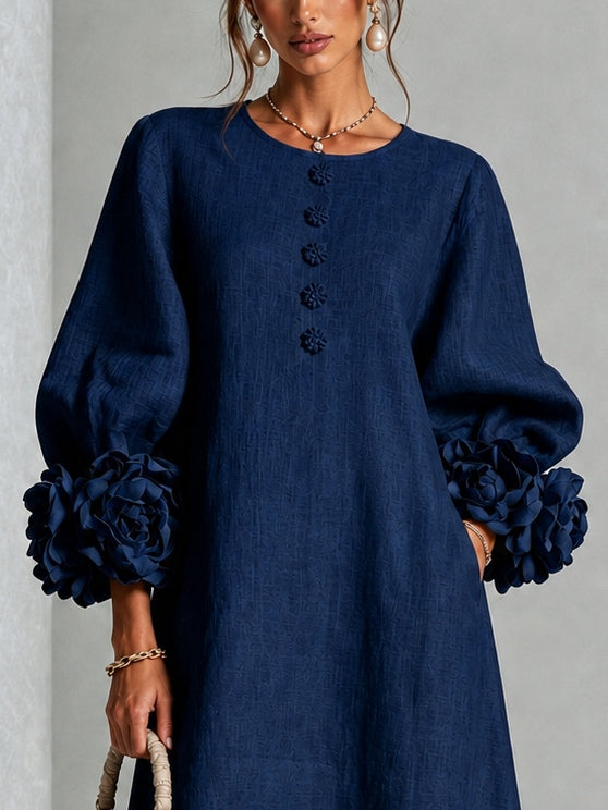 Vestido Midi Azul Marino con Botones de Flores y Mangas de Flores Extravagantes