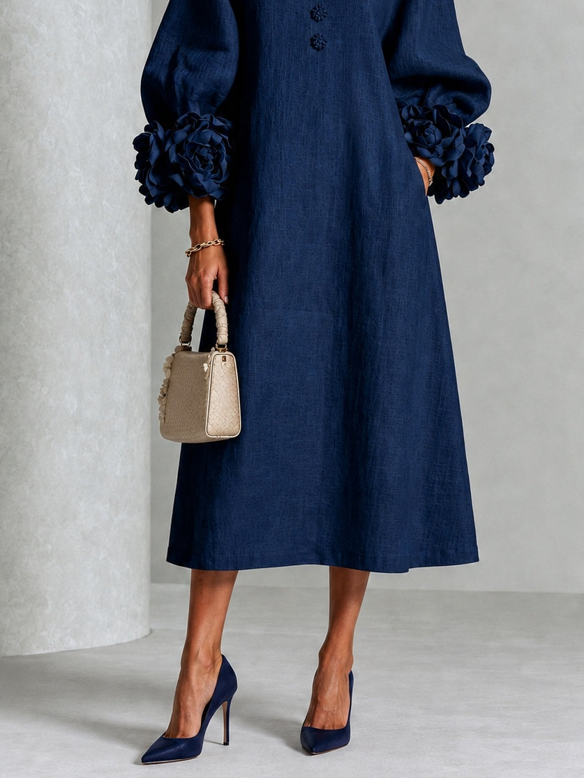 Vestido Midi Azul Marino con Botones de Flores y Mangas de Flores Extravagantes
