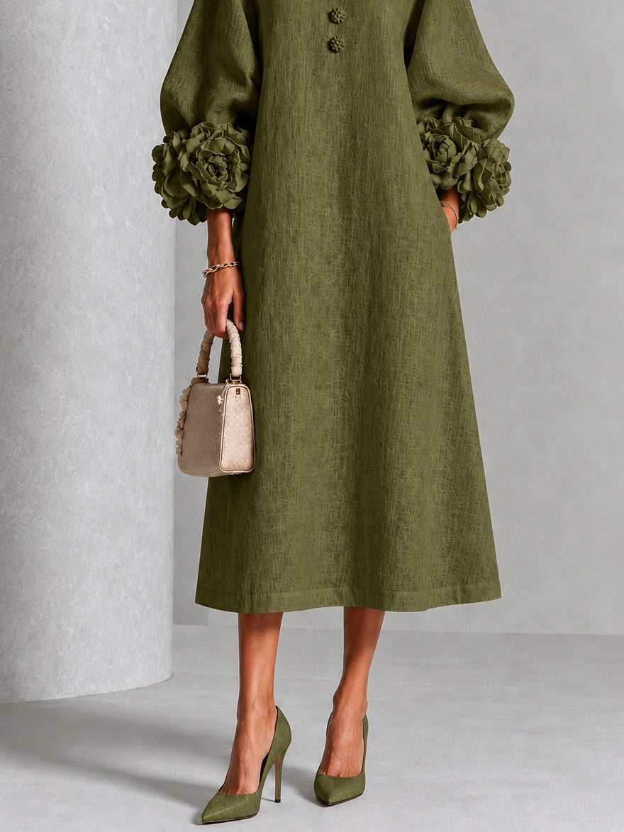 Vestido Midi Oliva con Botones de Flores y Mangas de Flores Extravagantes